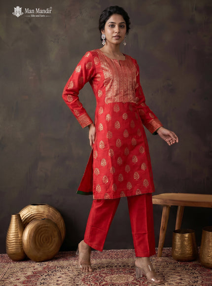 Red Raw Silk Floral Motif Salwar Suit With Pant