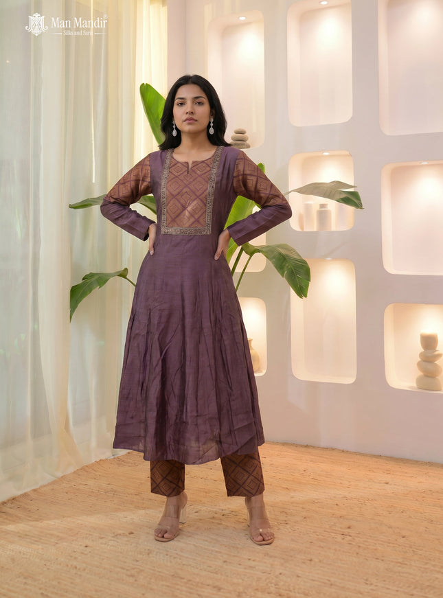 Brown Raw Silk Anarkali Suit With Pant And Embroiederd Dupatta