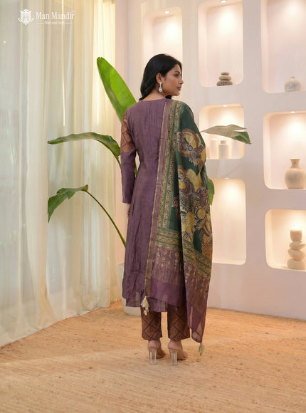 Brown Raw Silk Anarkali Suit With Pant And Embroiederd Dupatta