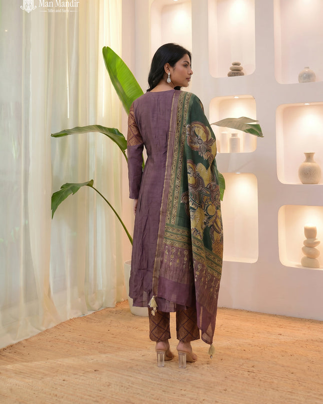 Brown Raw Silk Anarkali Suit With Pant And Embroiederd Dupatta