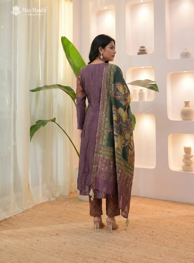 Brown Raw Silk Anarkali Suit With Pant And Embroiederd Dupatta