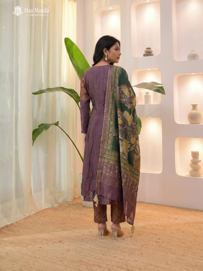 Brown Raw Silk Anarkali Suit With Pant And Embroiederd Dupatta