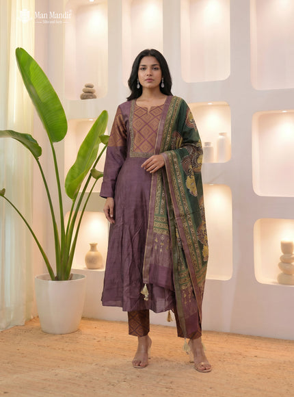 Brown Raw Silk Anarkali Suit With Pant And Embroiederd Dupatta