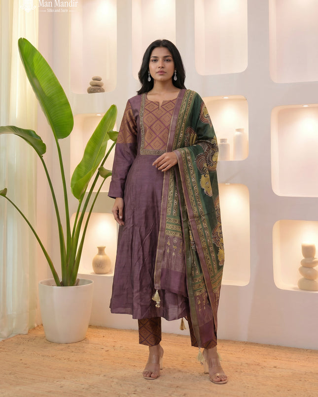 Brown Raw Silk Anarkali Suit With Pant And Embroiederd Dupatta