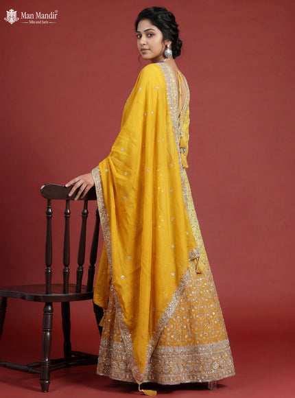Mustard Yellow Georgette Heavy Embroidered Gown & Dupatta