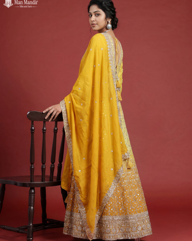 Mustard Yellow Georgette Heavy Embroidered Gown & Dupatta