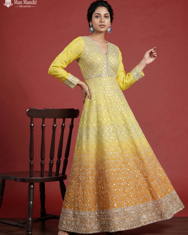 Mustard Yellow Georgette Heavy Embroidered Gown & Dupatta