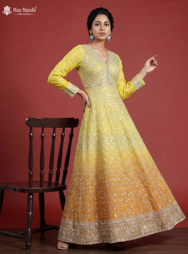 Mustard Yellow Georgette Heavy Embroidered Gown & Dupatta