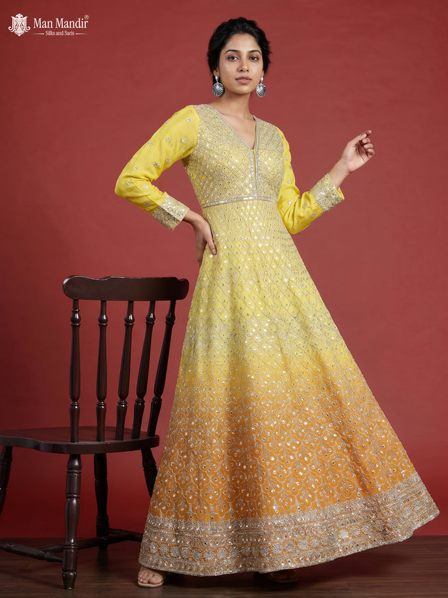 Mustard Yellow Georgette Heavy Embroidered Gown & Dupatta
