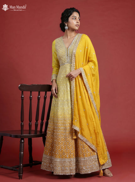 Mustard Yellow Georgette Heavy Embroidered Gown & Dupatta