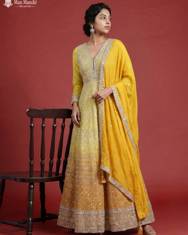 Mustard Yellow Georgette Heavy Embroidered Gown & Dupatta