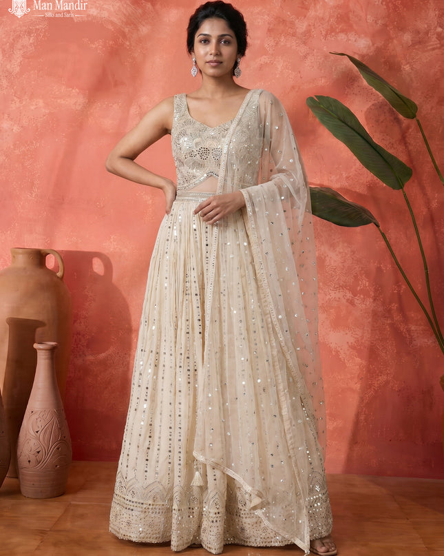 Off White Georgette Heavy Embroidered Gown & Netted Dupatta