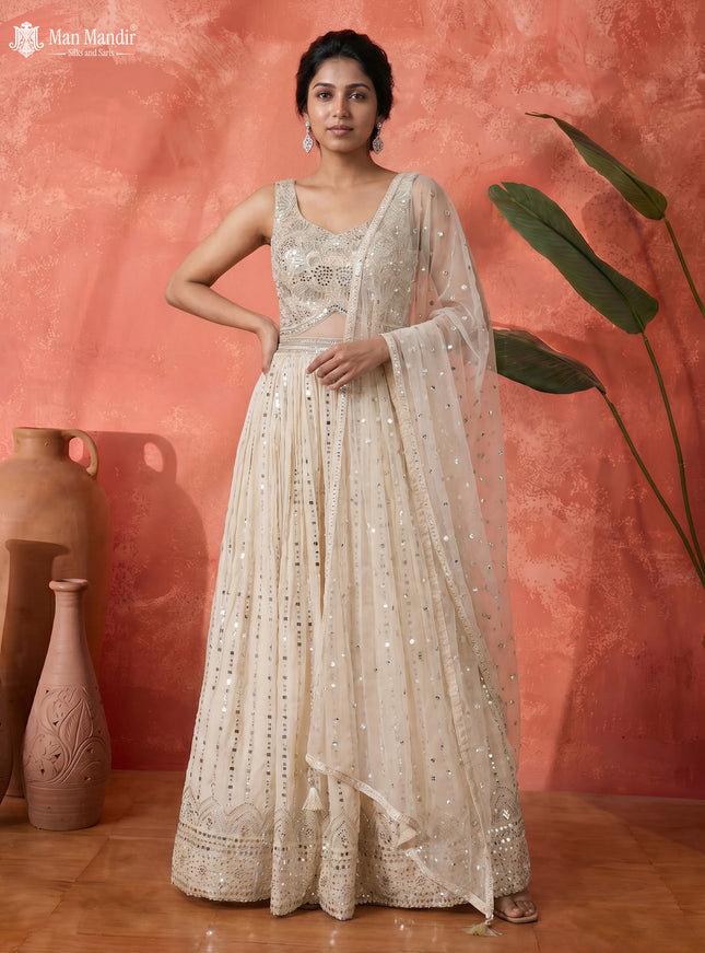 Off White Georgette Heavy Embroidered Gown & Netted Dupatta