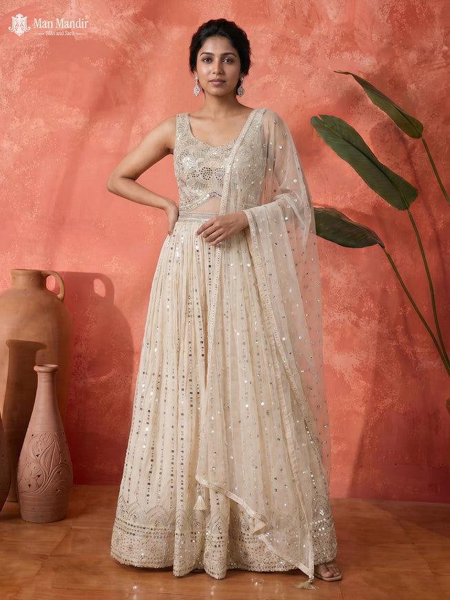 Off White Georgette Heavy Embroidered Gown & Netted Dupatta