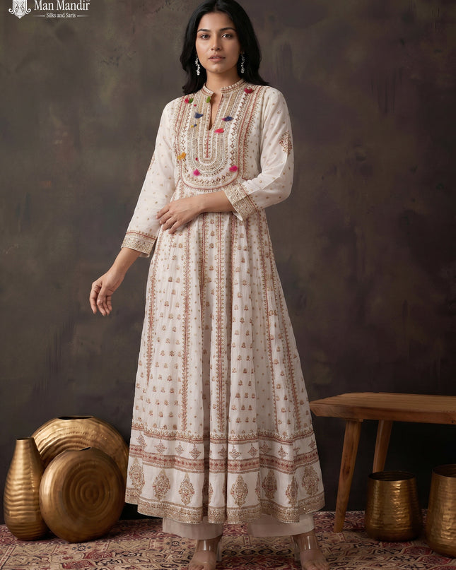 Off White Georgette Heavy Embroidered Gown & Netted Dupatta