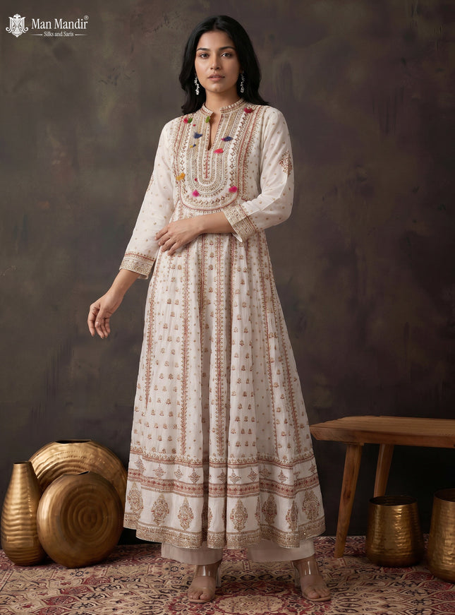 Off White Georgette Heavy Embroidered Gown & Netted Dupatta