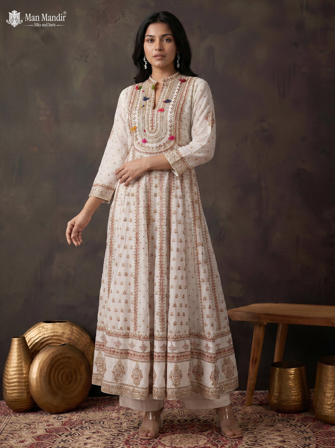 Off White Georgette Heavy Embroidered Gown & Netted Dupatta