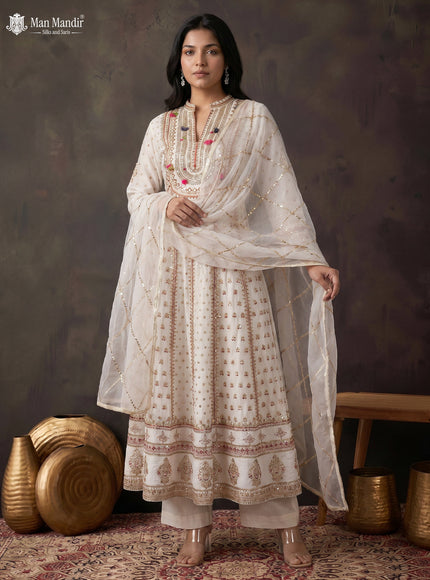 Off White Georgette Heavy Embroidered Gown & Netted Dupatta