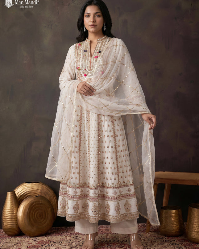 Off White Georgette Heavy Embroidered Gown & Netted Dupatta