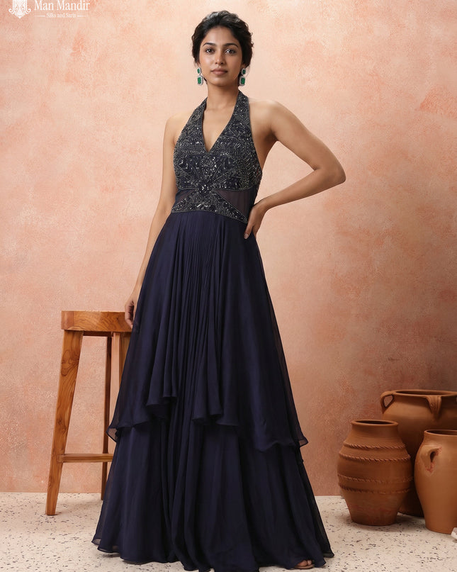 Navy Blue Georgette Cut Beaded Embroidered Fleard Gown