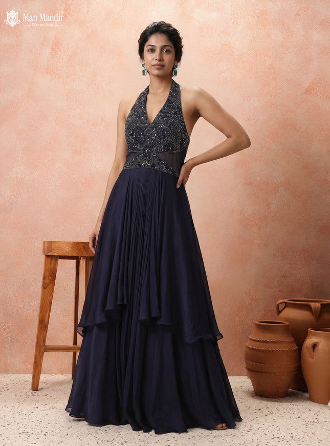 Navy Blue Georgette Cut Beaded Embroidered Fleard Gown