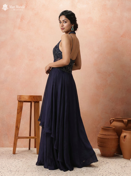 Navy Blue Georgette Cut Beaded Embroidered Fleard Gown