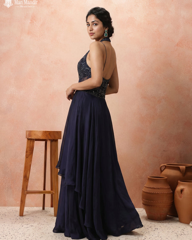 Navy Blue Georgette Cut Beaded Embroidered Fleard Gown