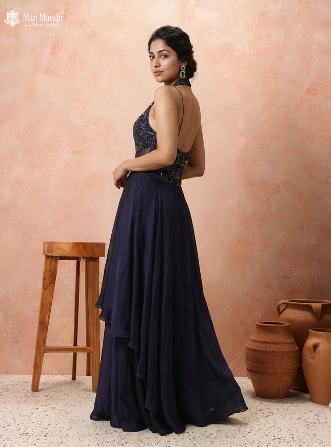 Navy Blue Georgette Cut Beaded Embroidered Fleard Gown