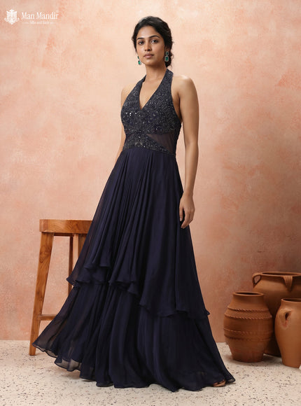 Navy Blue Georgette Cut Beaded Embroidered Fleard Gown