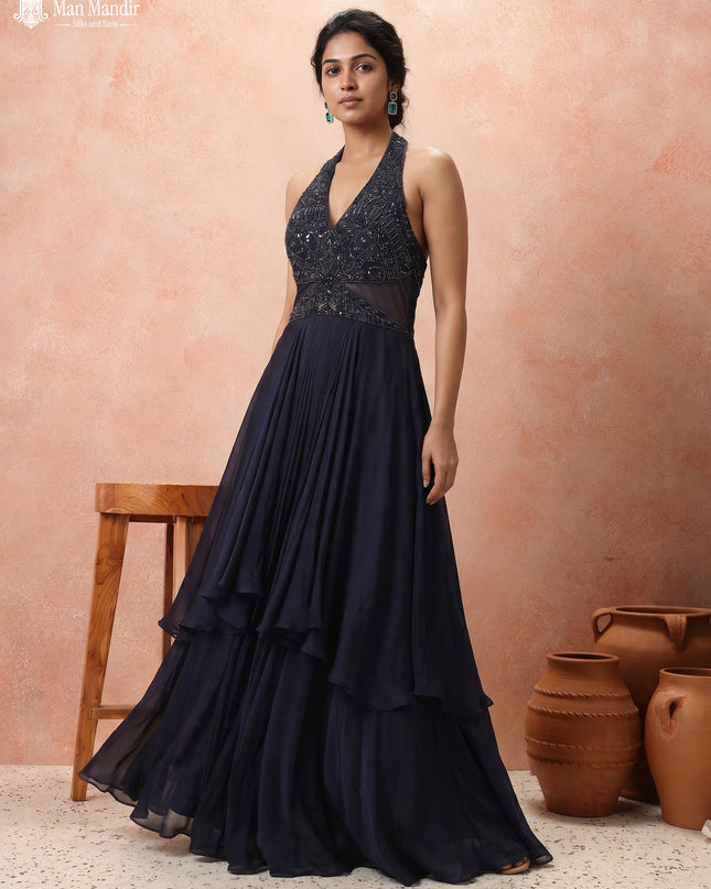 Navy Blue Georgette Cut Beaded Embroidered Fleard Gown