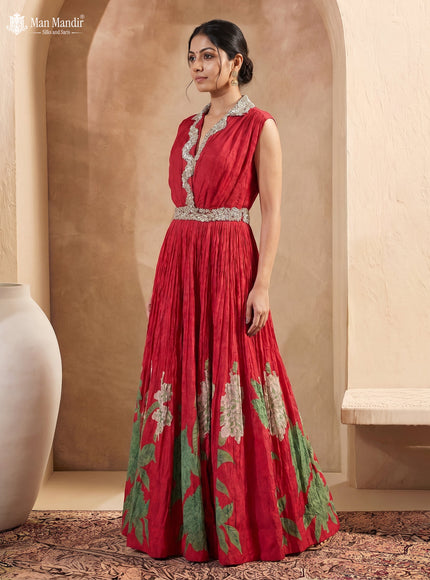 Red Georgette Beaded Gown With  Floral Prints & Cancan