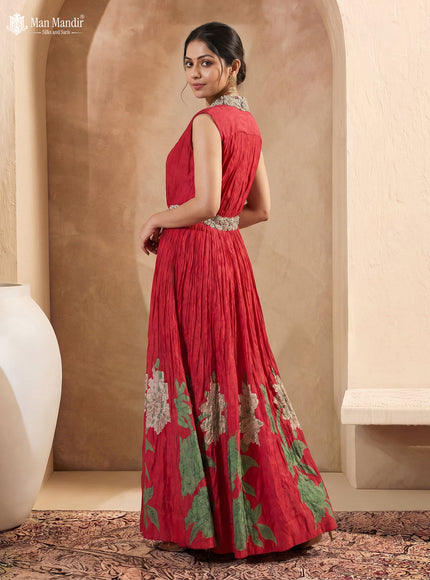 Red Georgette Beaded Gown With  Floral Prints & Cancan