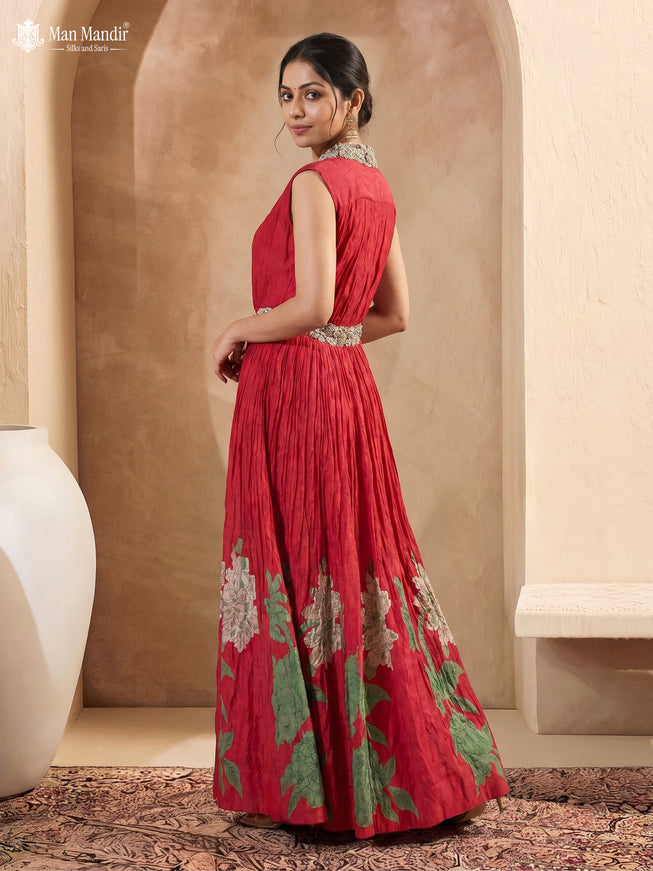 Red Georgette Beaded Gown With  Floral Prints & Cancan