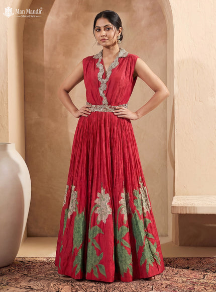 Red Georgette Beaded Gown With  Floral Prints & Cancan