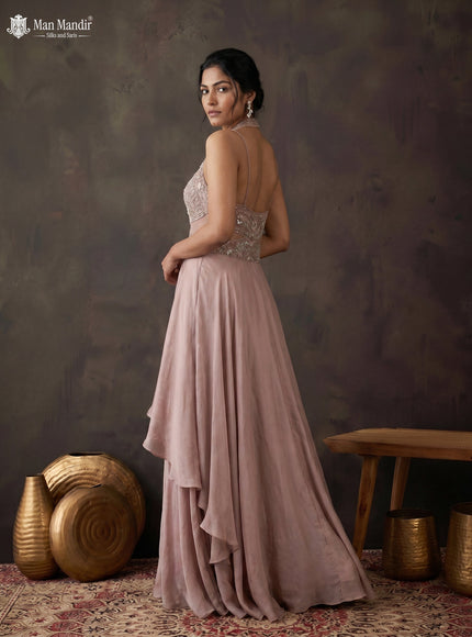Mild Peach Georgette Cut Beaded Embroidered Fleard Gown