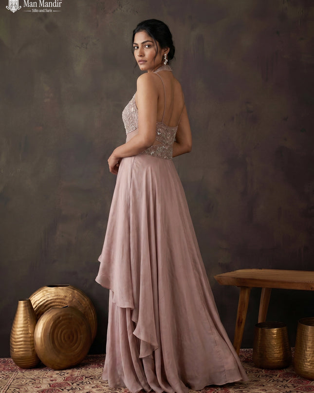 Mild Peach Georgette Cut Beaded Embroidered Fleard Gown