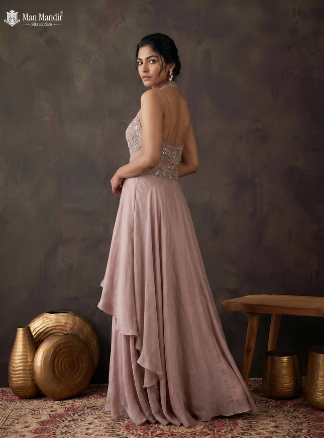 Mild Peach Georgette Cut Beaded Embroidered Fleard Gown