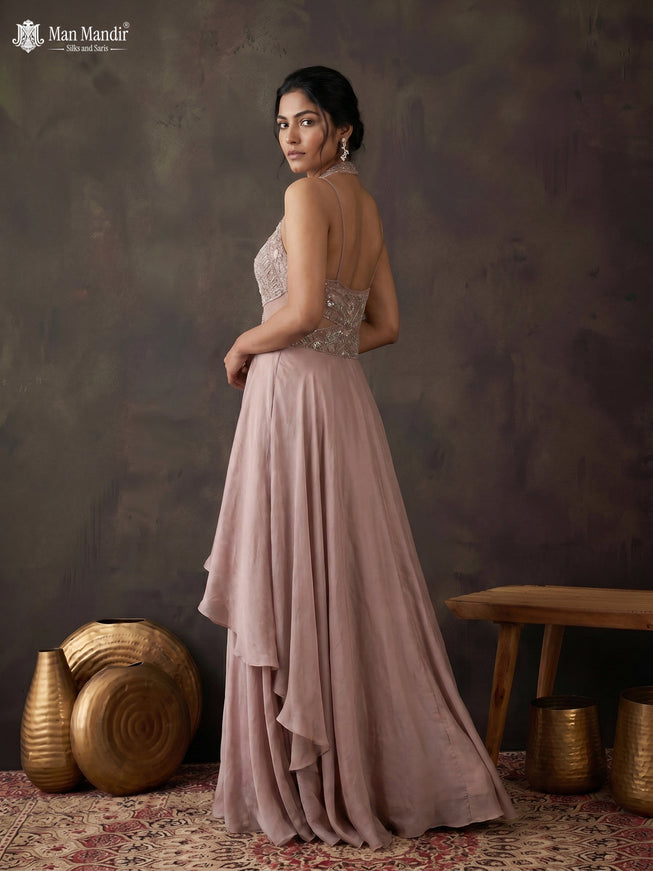 Mild Peach Georgette Cut Beaded Embroidered Fleard Gown