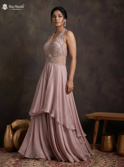 Mild Peach Georgette Cut Beaded Embroidered Fleard Gown