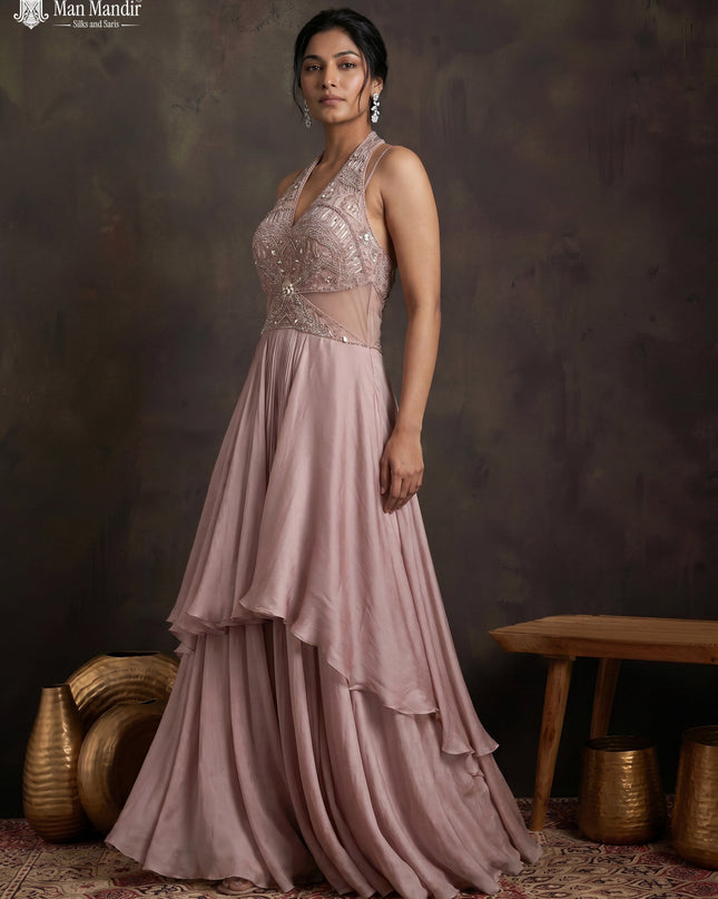 Mild Peach Georgette Cut Beaded Embroidered Fleard Gown