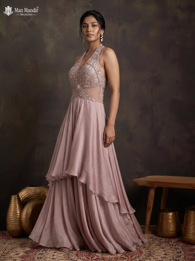 Mild Peach Georgette Cut Beaded Embroidered Fleard Gown