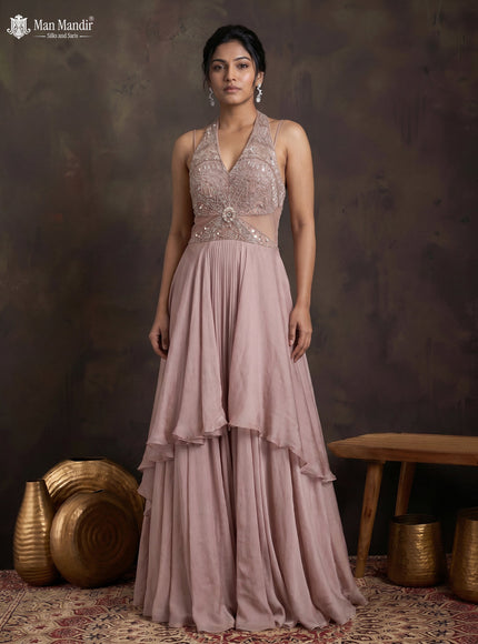 Mild Peach Georgette Cut Beaded Embroidered Fleard Gown