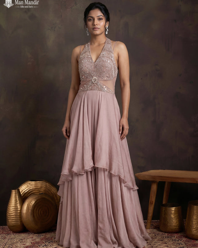 Mild Peach Georgette Cut Beaded Embroidered Fleard Gown