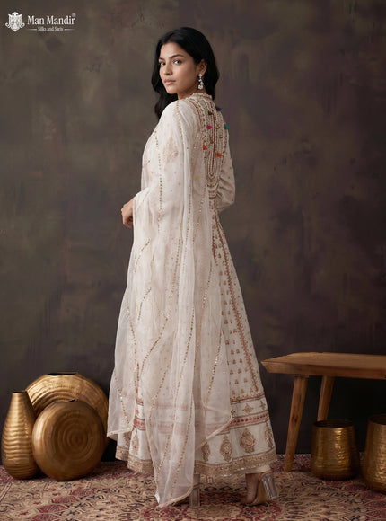 Off White Silk Gown Embroidery With Pant & Organza Dupatta