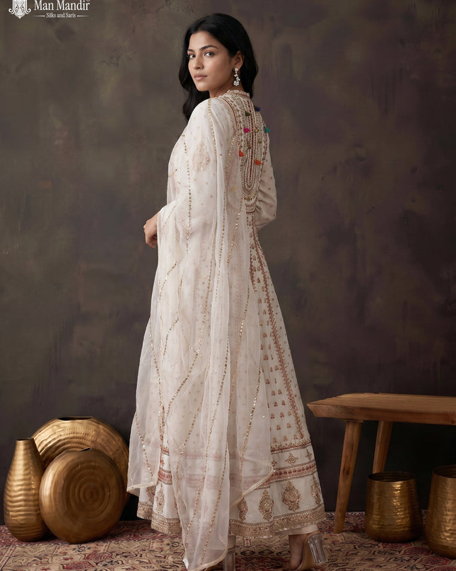 Off White Silk Gown Embroidery With Pant & Organza Dupatta