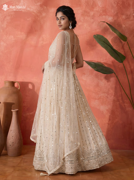 Off White Silk Gown Embroidery With Pant & Organza Dupatta