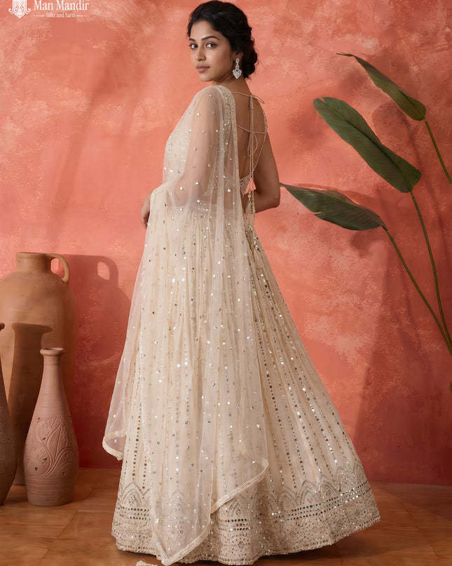Off White Silk Gown Embroidery With Pant & Organza Dupatta