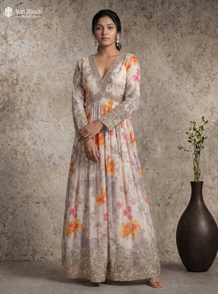 Cream Georgette Gown Sequin Embroidery With Can Can & Netted Dupatta
