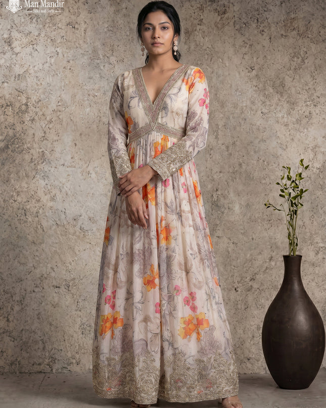 Cream Georgette Gown Sequin Embroidery With Can Can & Netted Dupatta