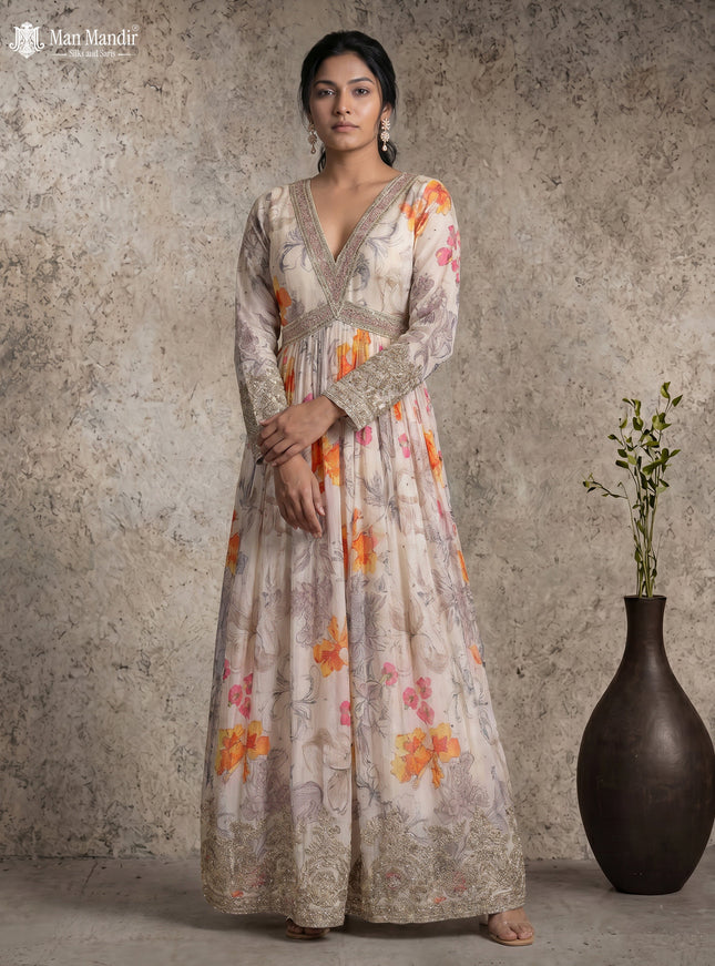 Cream Georgette Gown Sequin Embroidery With Can Can & Netted Dupatta